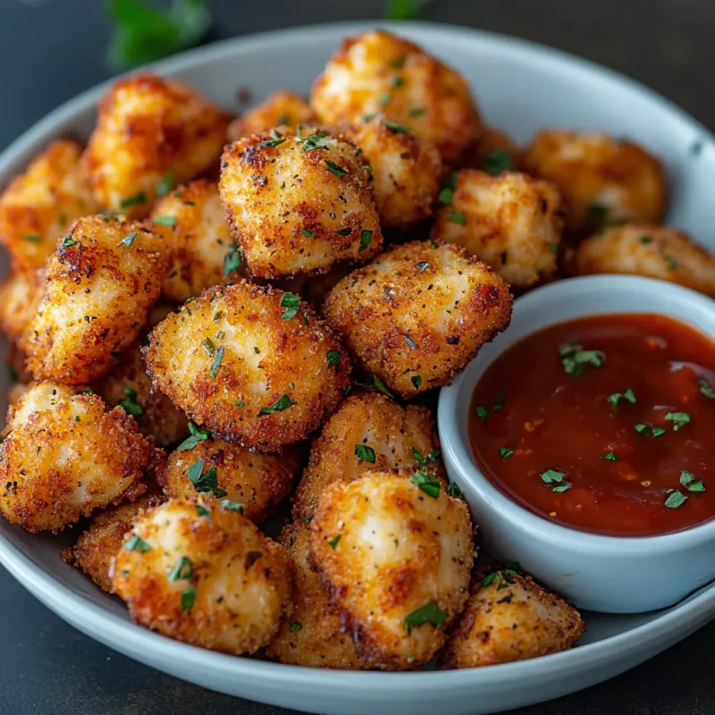 crispy air fryer chicken bites served on a white plate, garnished with fresh parsley and paired with a small bowl of dipping sauce.