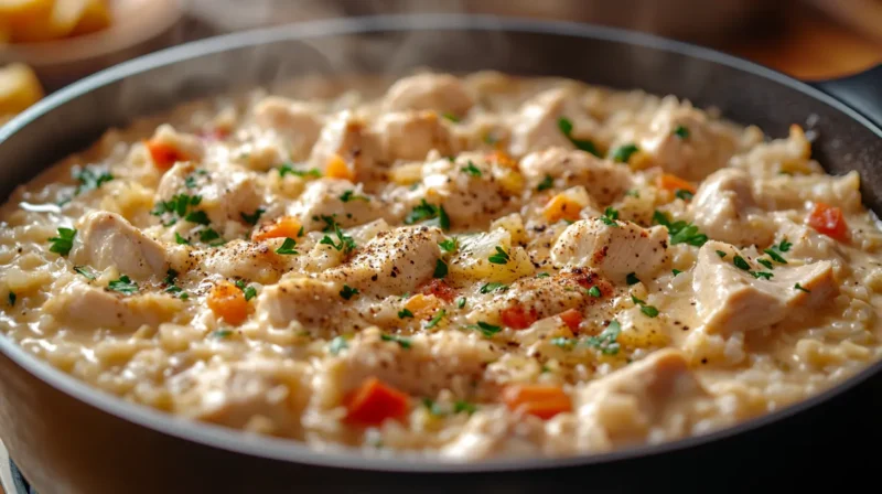 Plate of creamy chicken and rice garnished with fresh parsley, showcasing a hearty, comforting one-pot meal perfect for dinner.