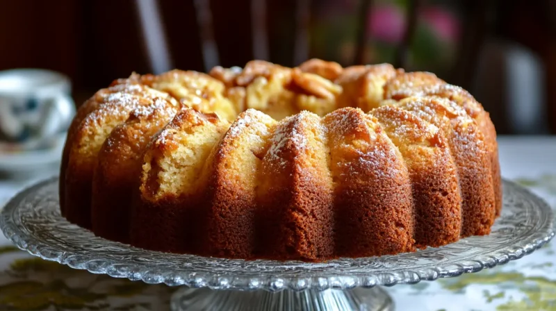 A slice of fresh apple cake on a white plate, showcasing juicy apple chunks and a moist spiced crumb, garnished with a drizzle of caramel and a dollop of whipped cream.