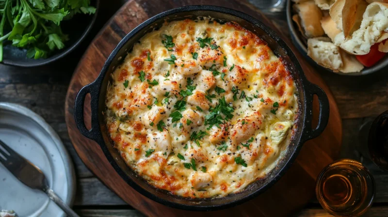 Hot Crab and Artichoke Dip served in a rustic bowl, garnished with fresh herbs, surrounded by crackers and bread slices, ready to be enjoyed.