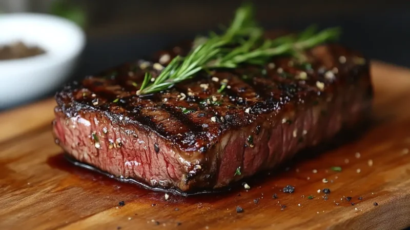 Perfectly cooked sous vide prime rib with a golden-brown seared crust, sliced to reveal a tender, juicy pink interior, served on a wooden cutting board.
