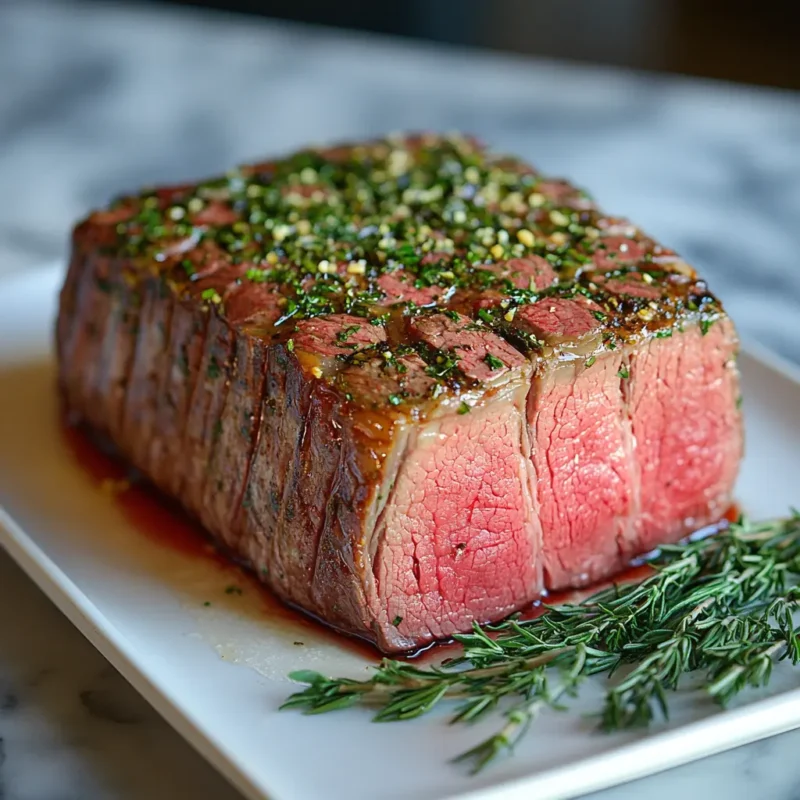 Perfectly cooked sous vide prime rib with a golden-brown seared crust, sliced to reveal a tender, juicy pink interior, served on a wooden cutting board.