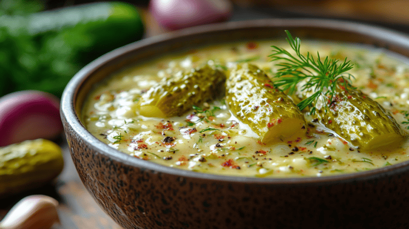 Small bowl of creamy pickle sauce garnished with fresh dill, surrounded by sliced pickles and crispy fries, ready for dipping.