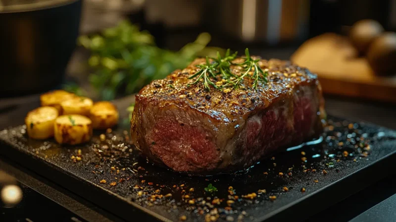 Perfectly cooked sous vide prime rib sliced to reveal a juicy, pink center, surrounded by a golden-brown seared crust, garnished with fresh rosemary and served with mashed potatoes and roasted vegetables.