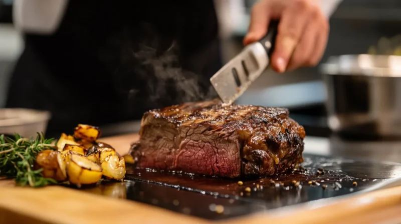 Perfectly cooked sous vide prime rib sliced to reveal a juicy, pink center, surrounded by a golden-brown seared crust, garnished with fresh rosemary and served with mashed potatoes and roasted vegetables.