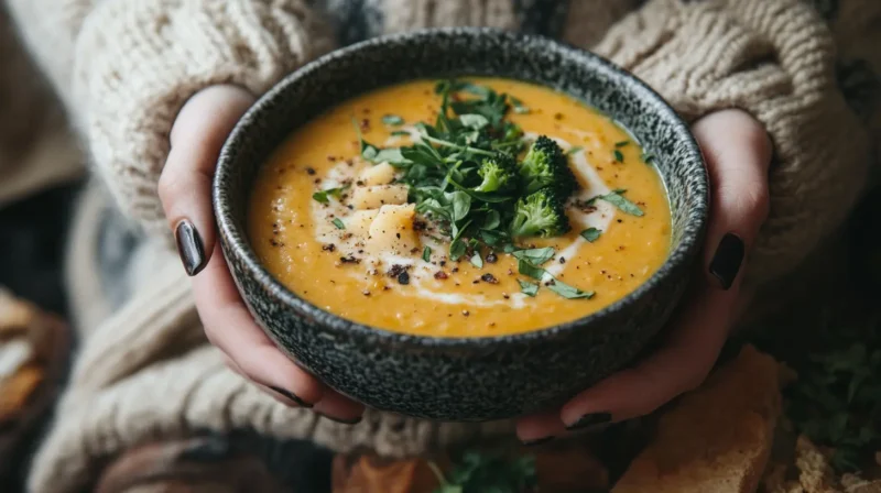 Bowl of vegan broccoli cheddar soup garnished with fresh parsley, served with crusty bread and a spoon on a wooden table.