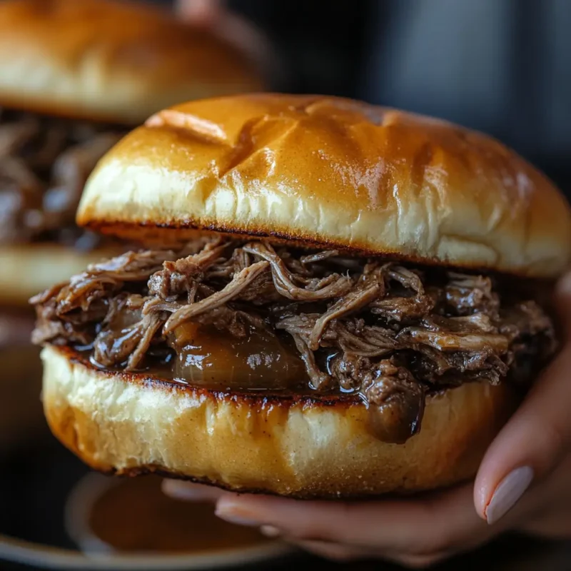 Close-up of crockpot French dip sandwiches filled with tender shredded beef, melted cheese, and served with a bowl of au jus for dipping.