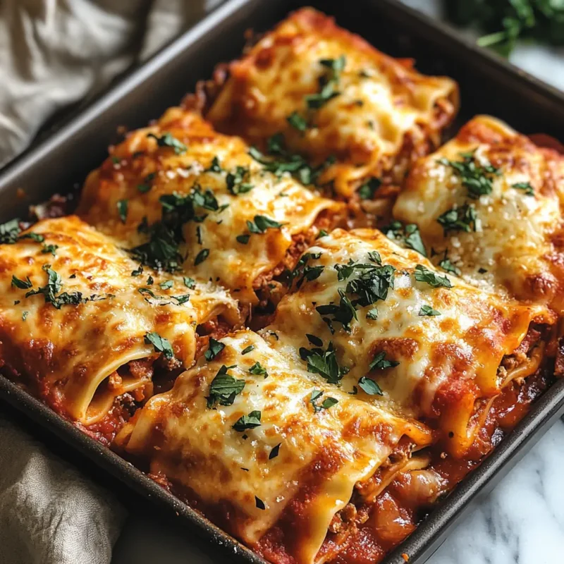 Cheesy lasagna roll ups topped with marinara sauce and melted mozzarella, served in a baking dish with fresh basil garnish.