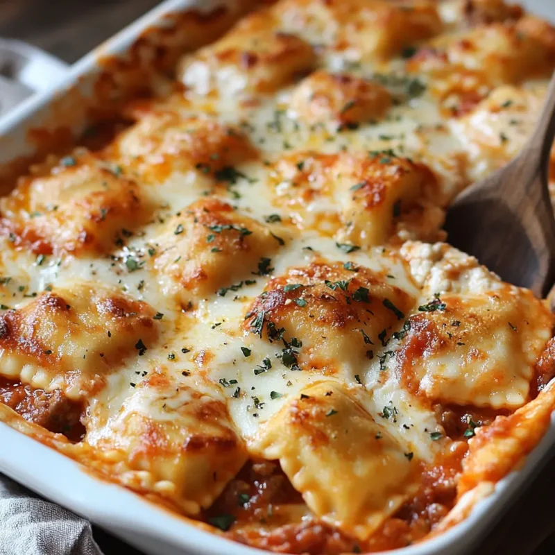 Layered million dollar ravioli casserole with melted cheese and marinara sauce, served in a baking dish, garnished with fresh parsley.