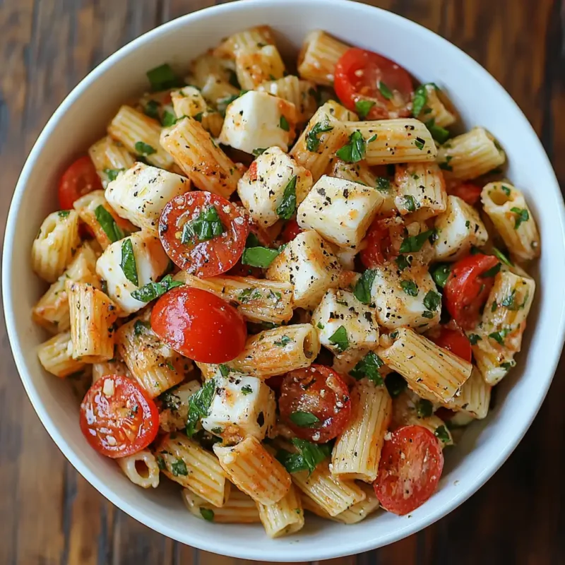 A vibrant bowl of Caprese Pasta Salad with cherry tomatoes, fresh mozzarella, basil leaves, and a drizzle of balsamic glaze.