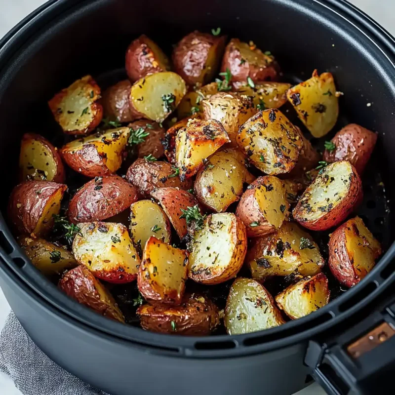 Crispy air fryer red potatoes seasoned with herbs and spices, served on a plate with fresh parsley garnish.