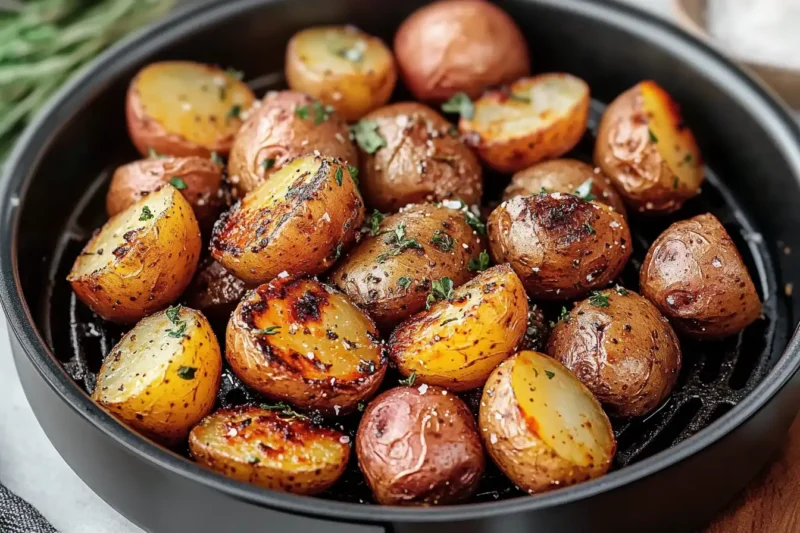 Crispy air fryer red potatoes seasoned with herbs and spices, served on a plate with fresh parsley garnish.