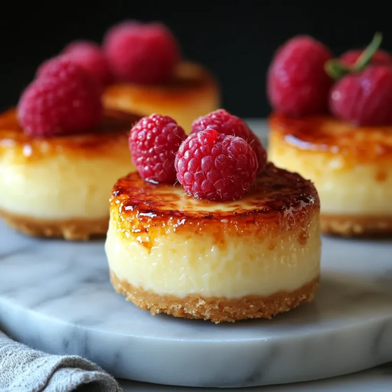 mini crème brûlée cheesecakes with a caramelized sugar topping, served on a white plate, garnished with fresh mint leaves and berries for an elegant presentation.