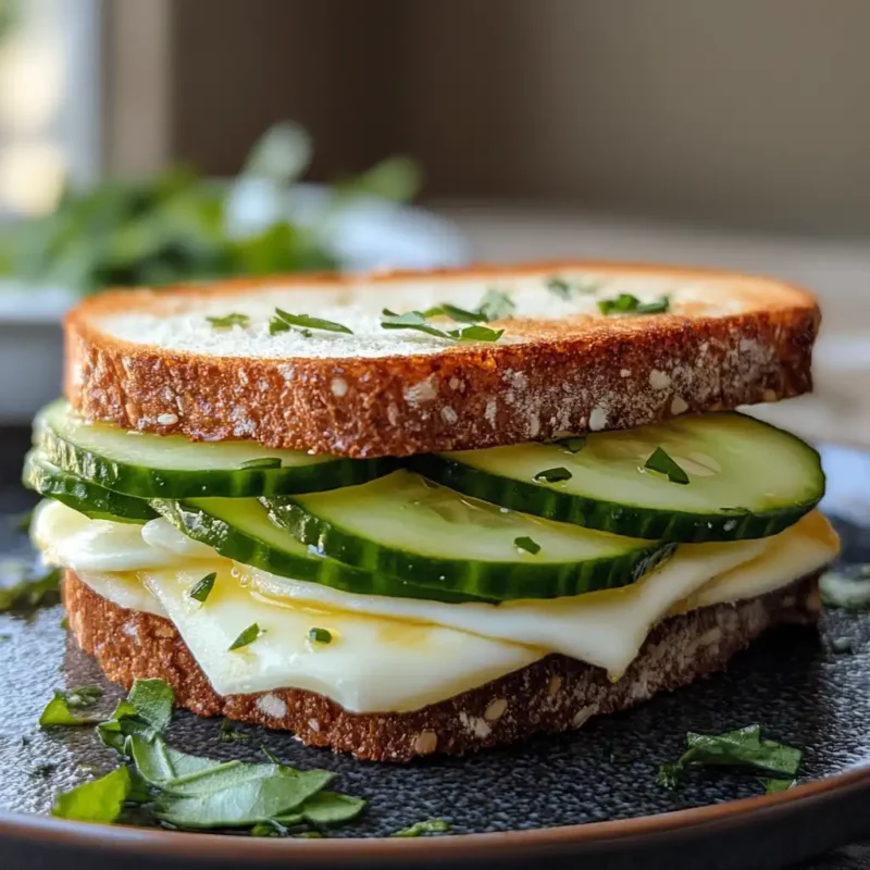 Fresh mozzarella cucumber sandwich with crispy cucumbers and creamy mozzarella on a wooden plate.