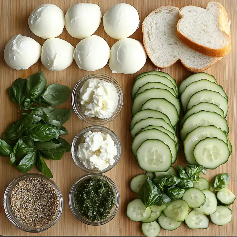 Fresh mozzarella cucumber sandwich with crispy cucumbers and creamy mozzarella on a wooden plate.