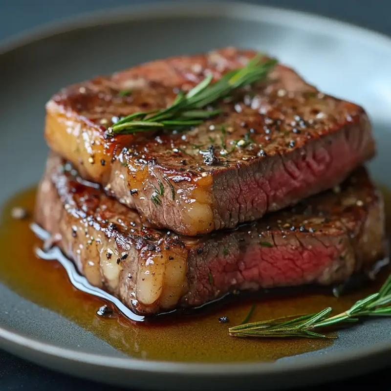 Perfectly cooked reverse-seared steak with a golden-brown crust, sliced and served on a wooden board with fresh herbs.