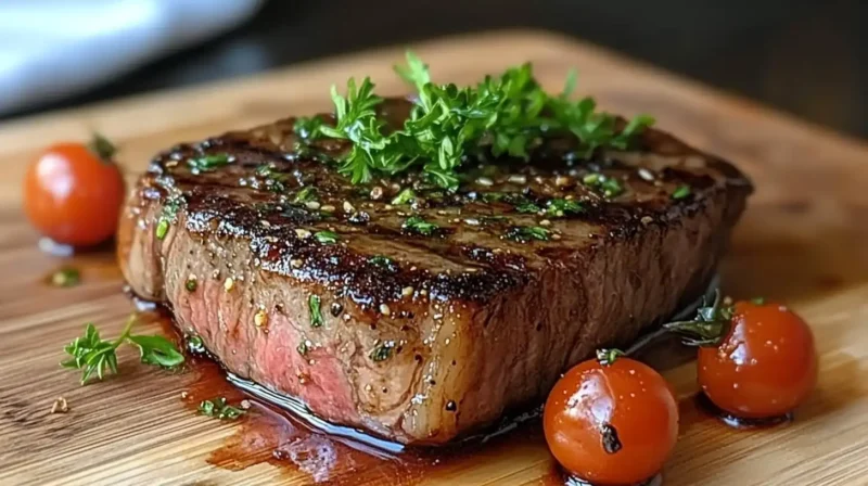 Perfectly cooked reverse-seared steak with a golden-brown crust, sliced and served on a wooden board with fresh herbs.