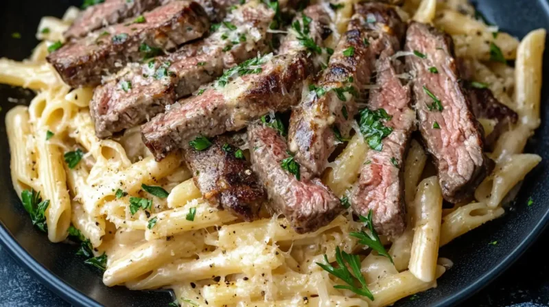 Plate of tender steak slices served over creamy pasta, garnished with Parmesan cheese and fresh herbs.