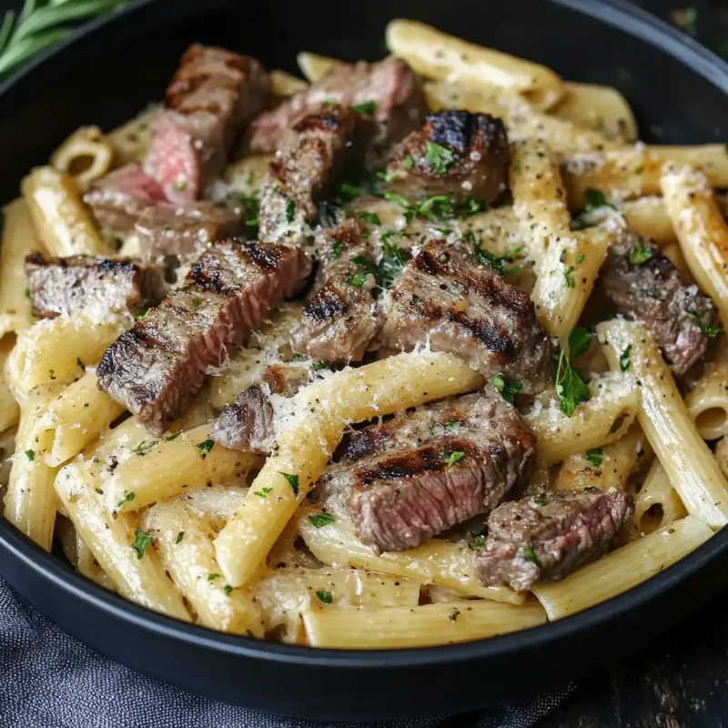 Plate of tender steak slices served over creamy pasta, garnished with Parmesan cheese and fresh herbs.