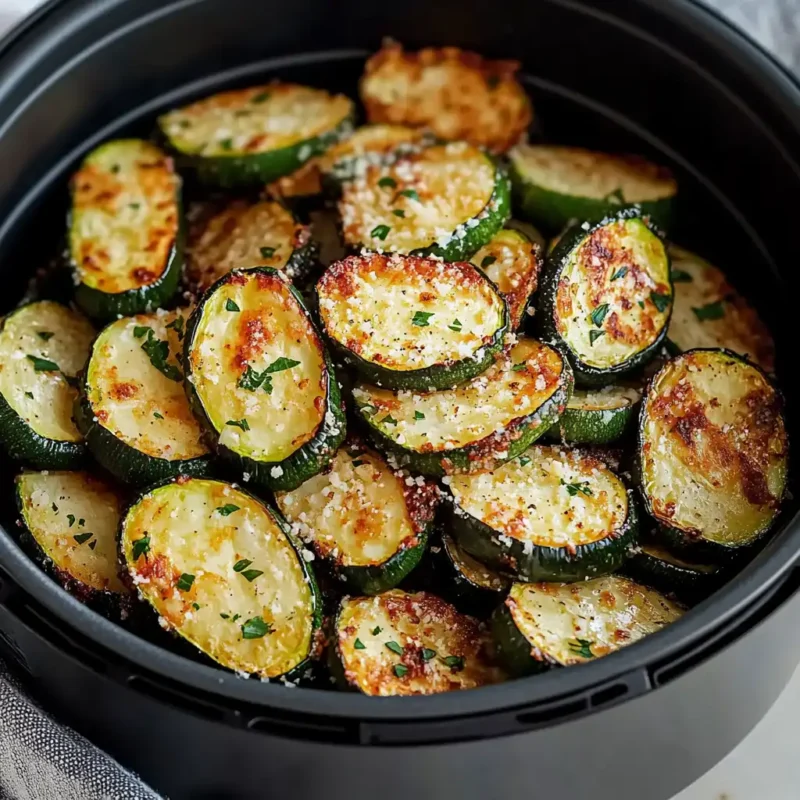 Crispy air fryer zucchini Parmesan slices topped with golden breadcrumbs and melted Parmesan cheese, served with marinara sauce on a white plate.