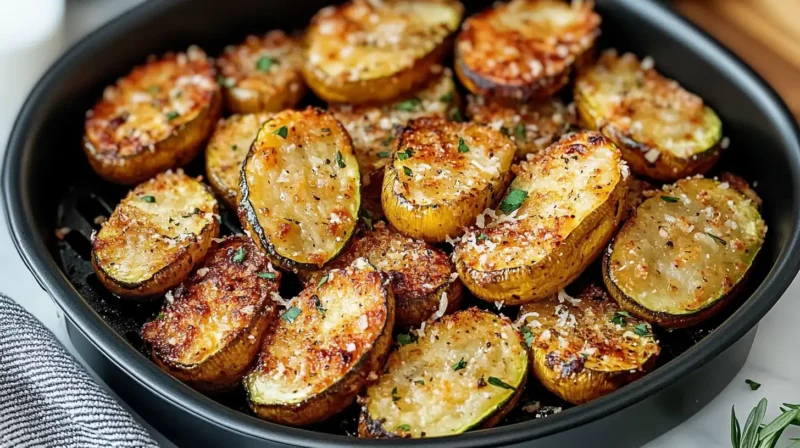 Crispy air fryer zucchini Parmesan slices topped with golden breadcrumbs and melted Parmesan cheese, served with marinara sauce on a white plate.