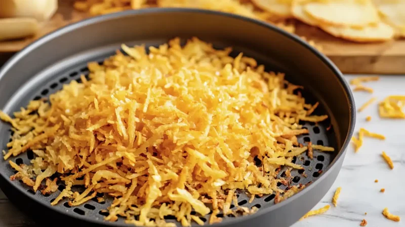 crispy air fryer hash browns served on a plate, garnished with fresh parsley, alongside dipping sauces like ketchup and garlic aioli for a delicious breakfast or snack.