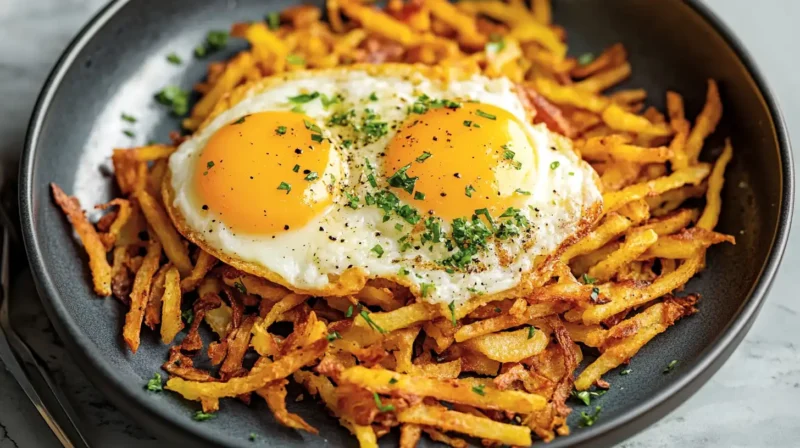 crispy air fryer hash browns served on a plate, garnished with fresh parsley, alongside dipping sauces like ketchup and garlic aioli for a delicious breakfast or snack.