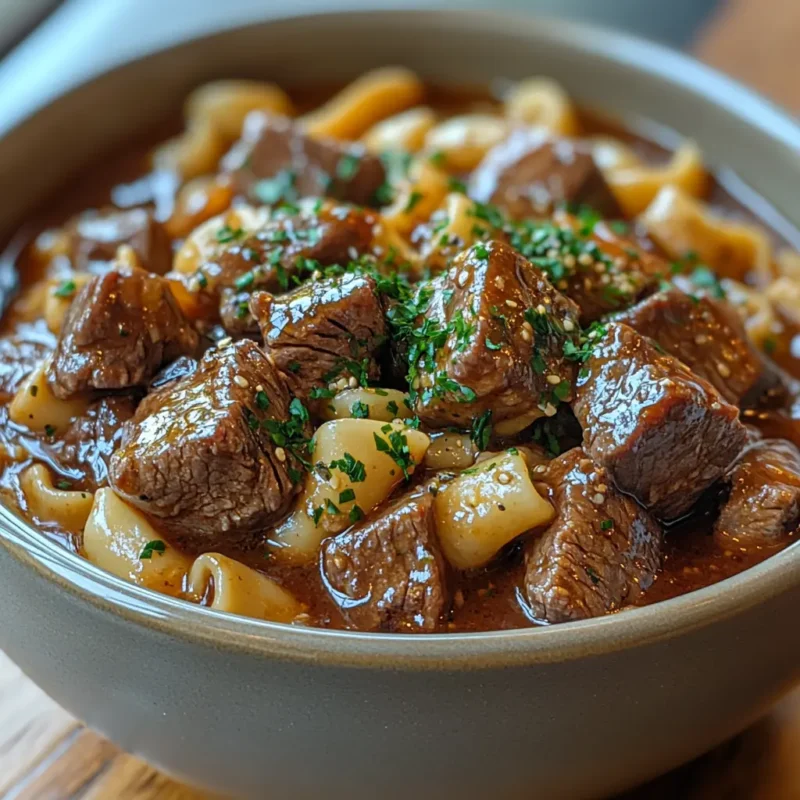 crockpot beef tips and noodles served on a white plate, topped with rich gravy and garnished with fresh parsley.