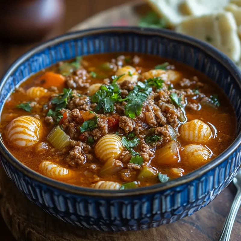 sopa de conchas with ground beef served in a bowl, featuring tender pasta shells in a rich tomato broth, garnished with fresh cilantro and lime wedges.