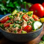 Bowl of creamy Classic Tuna Salad with celery, red onion, and a side of crackers.