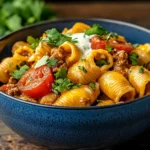 Creamy Crockpot Taco Shells & Cheese with melted cheddar and taco-seasoned beef, served in a bowl with toppings.